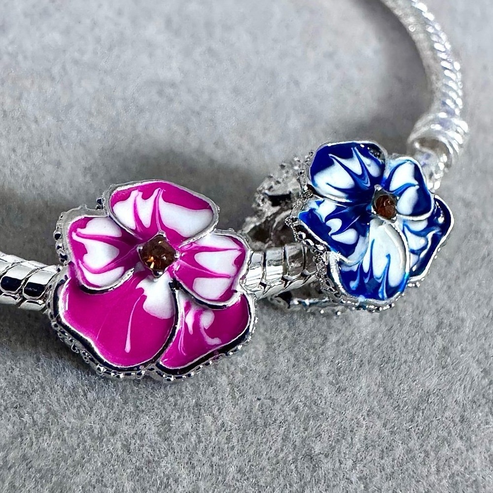 2Pcs Flower Charm Pink and Blue Enamel Rhinestone Bead Charm‎ fits PANDORA